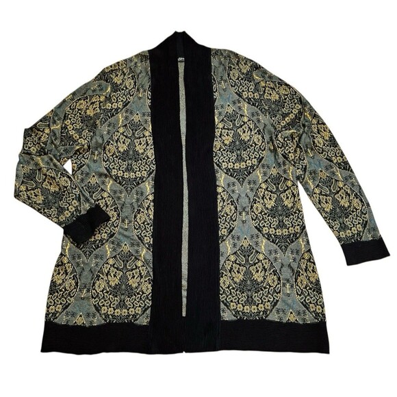 Peruvian Connection Printmaker Jacquard Knit Cardigan Pima Cotton Gold/Black XL - Picture 1 of 6